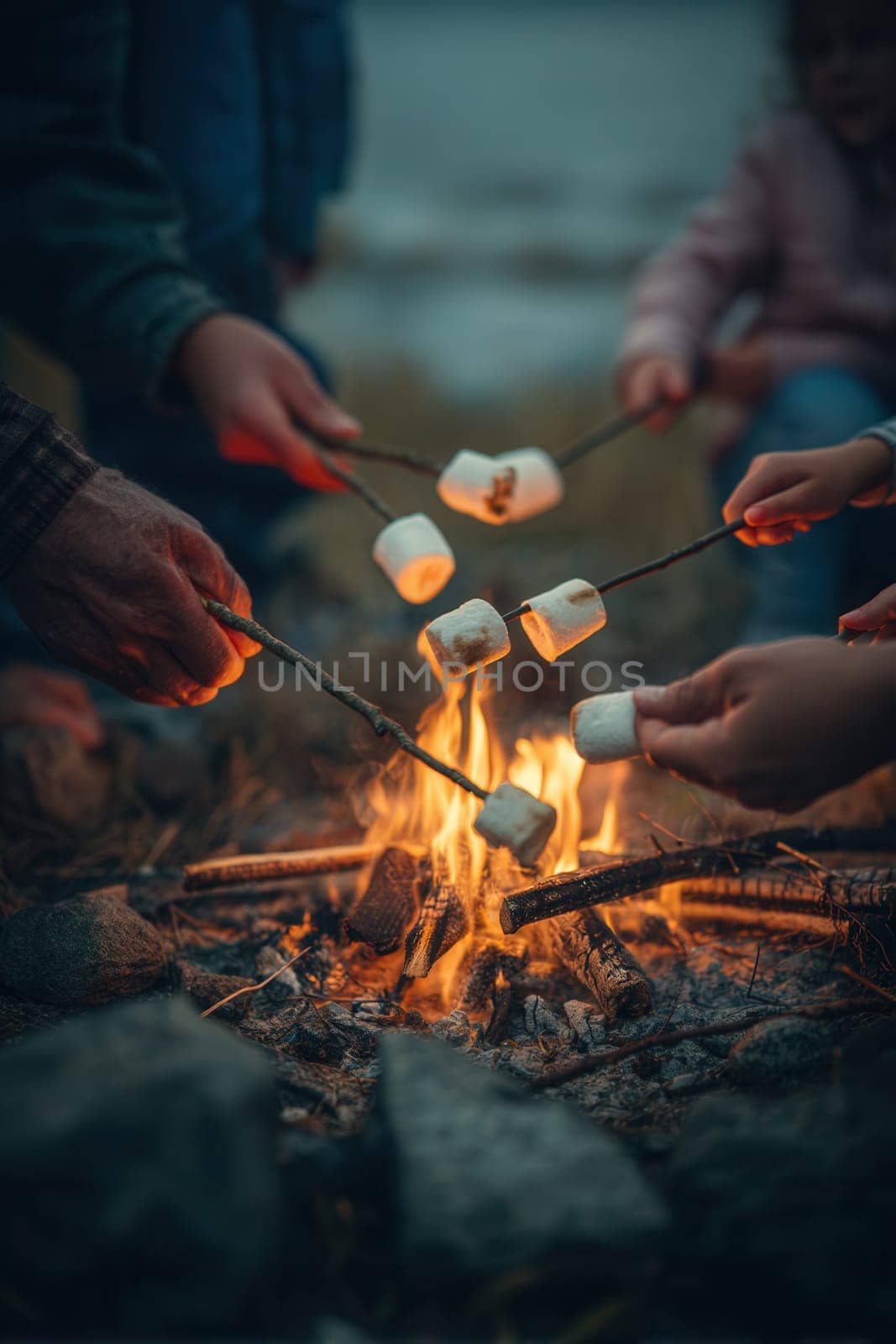 Family gathering roasting marshmallows by a warm campfire in the great outdoors. Ideal for illustrating camping trips, family bonding, evening relaxation, or nature-themed adventures