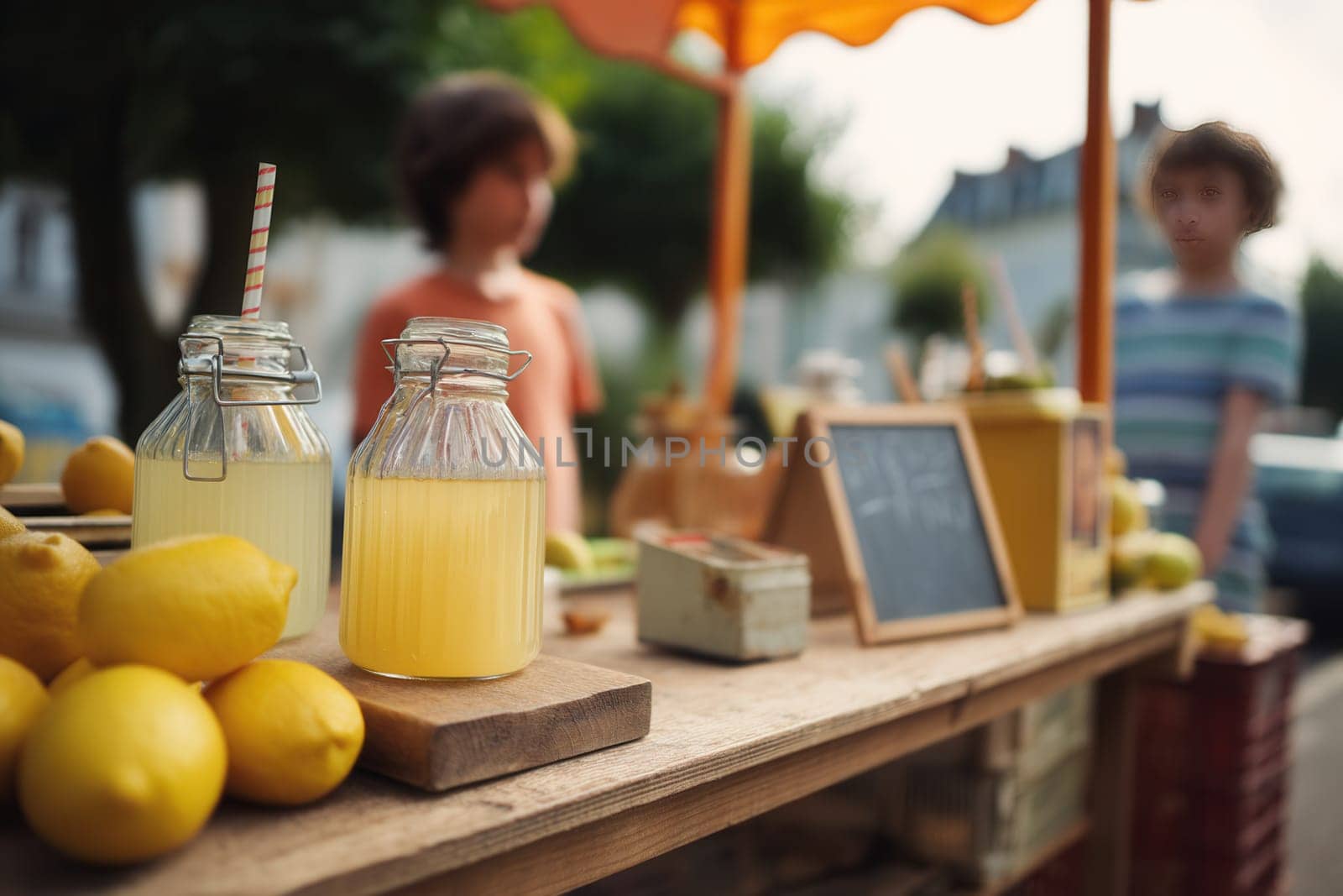 Two children at a lemonade stand on a sunny street with fresh lemons and glass jars. Ideal for summer lifestyle scenes, entrepreneurship, and cheerful childhood-themed visuals