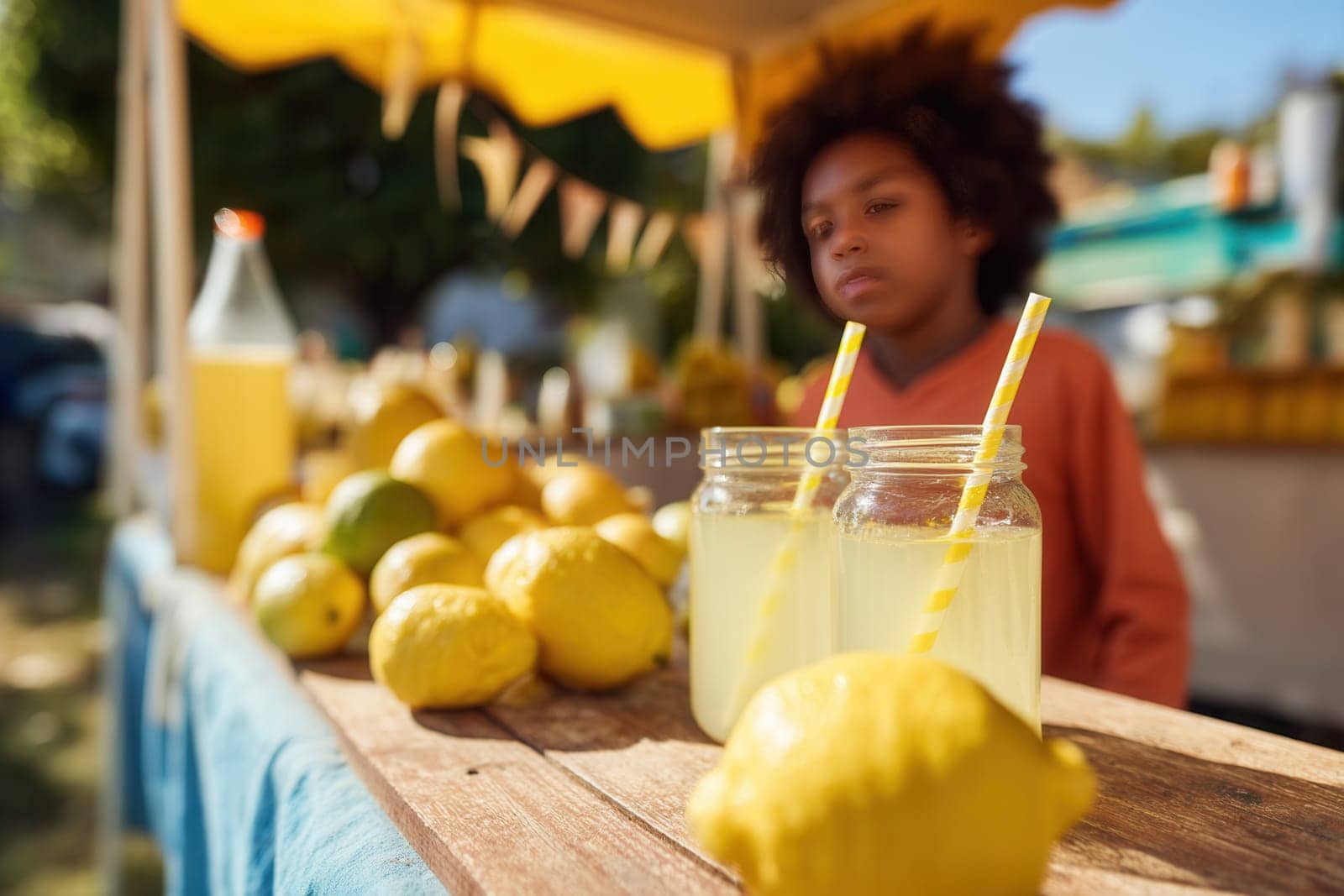 A young boy at a colorful lemonade stand with fresh lemons and glass jars in the sunlight. Perfect for summer lifestyle visuals, small business promotions, and childhood storytelling