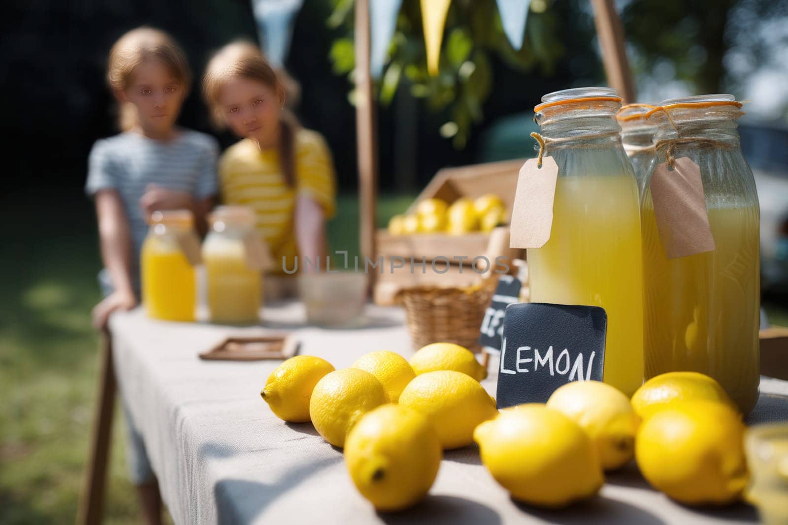 Two girls at an outdoor lemonade stand with bottled juice and ripe lemons on a sunny day. Great for themes of childhood fun, summer traditions, and small entrepreneurial spirit