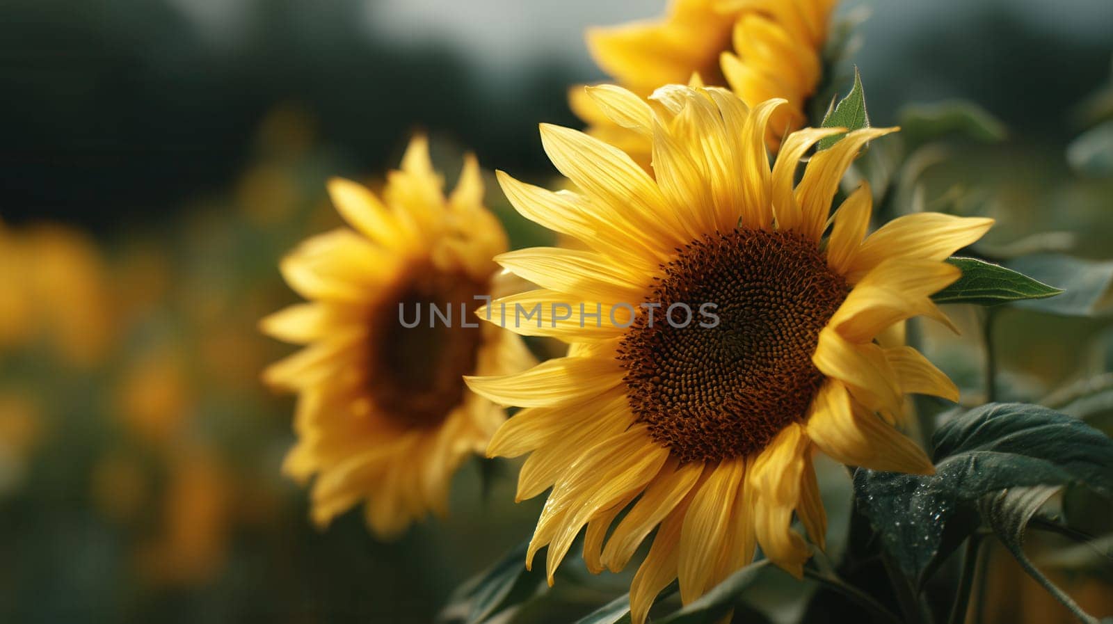 Close-up of a sunflower covered in morning dew, set against a blurred green field. Ideal for eco-friendly visuals, seasonal promotions, floral prints, and nature-inspired content