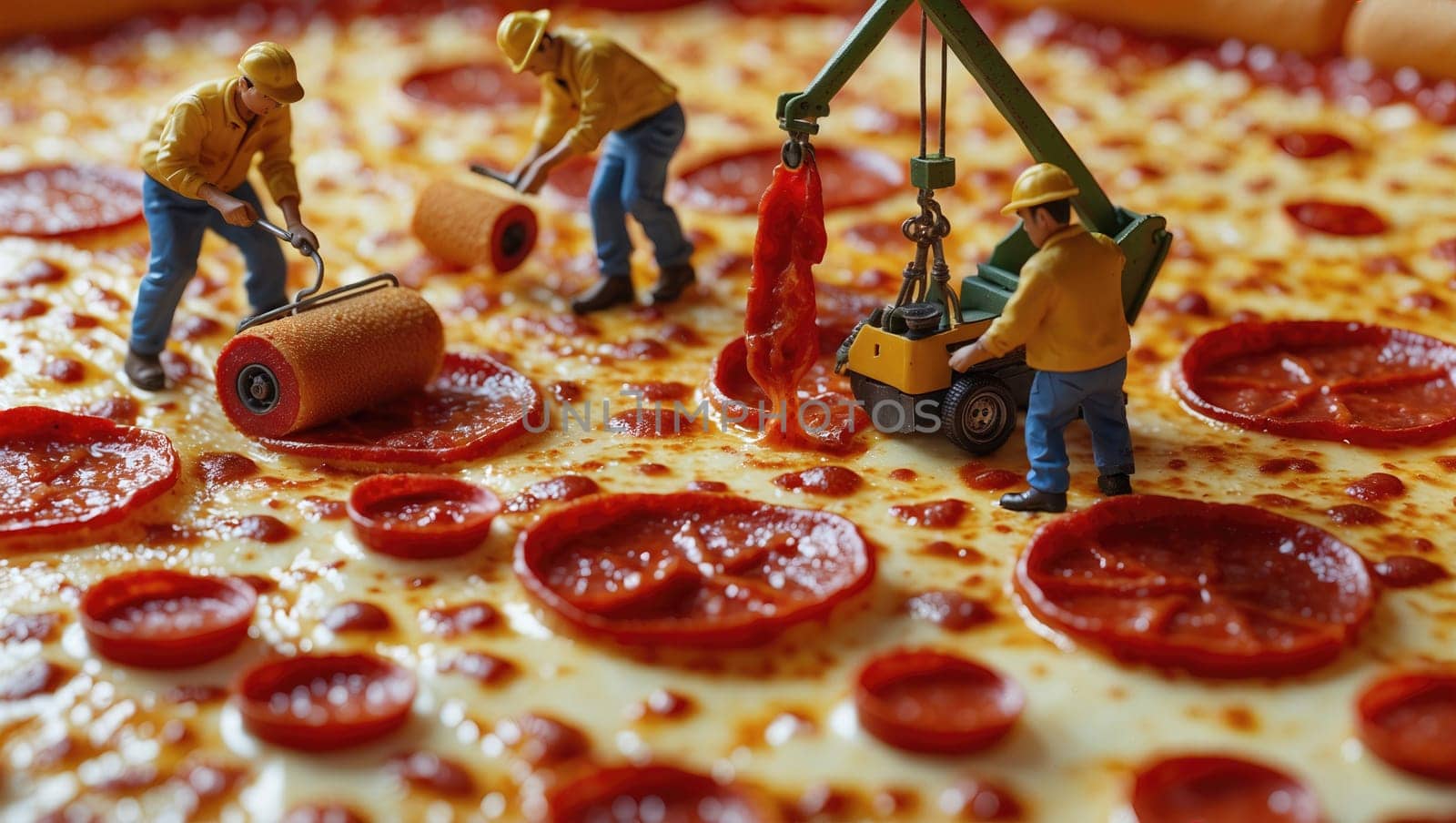 Three tiny construction workers in hard hats work on a giant pizza. One uses a jackhammer on pepperoni, another flattens cheese with a roller, while the third lifts red peppers with a crane.