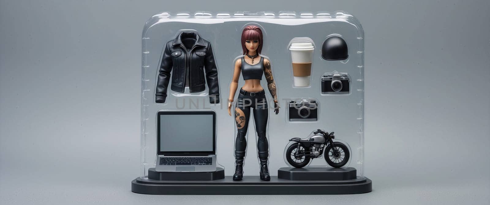 A woman action figure in a black leather jacket and jeans stands before a gray background, holding a coffee cup and camera, with a motorcycle, laptop, and helmet beside her.