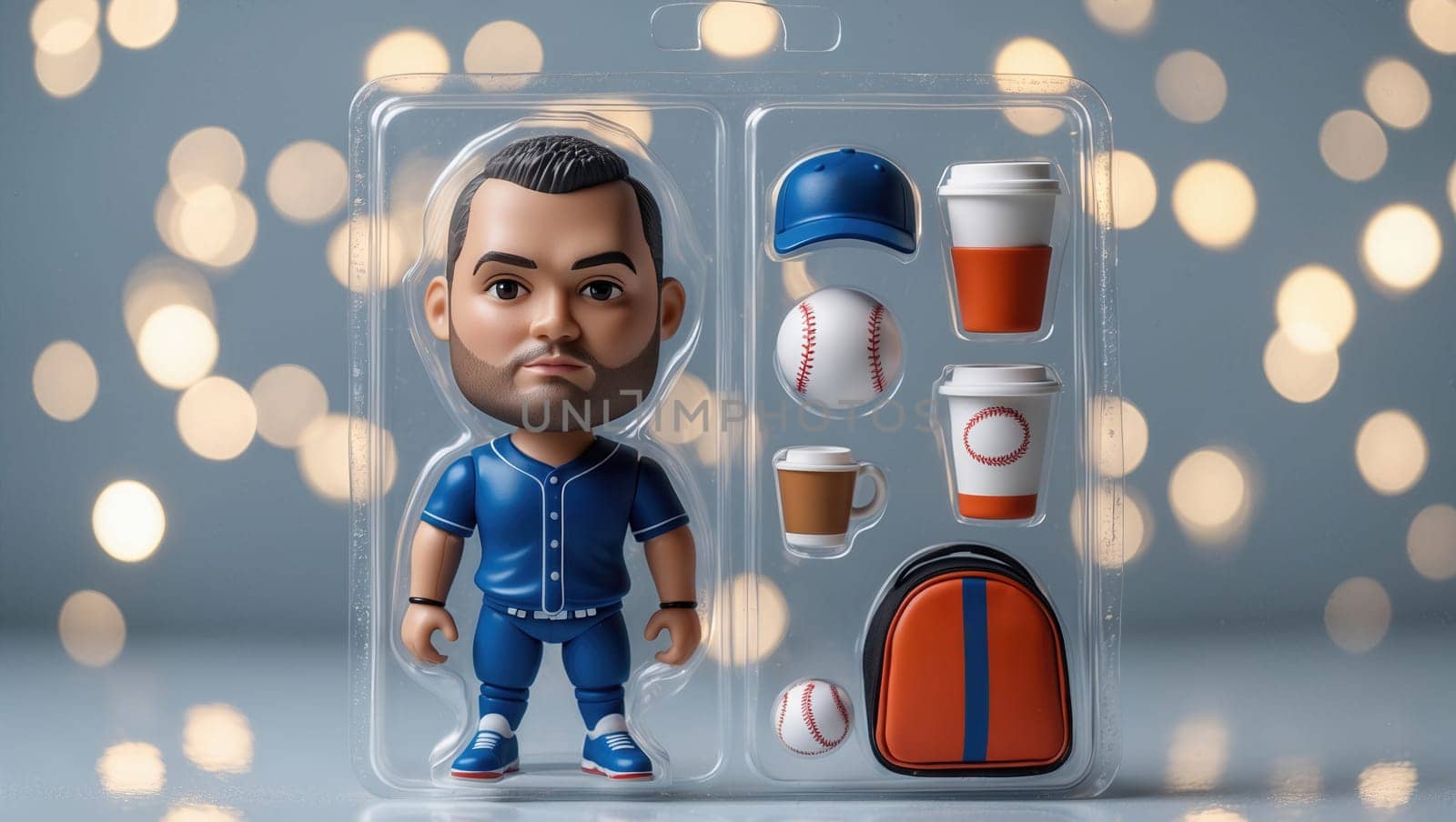 A figurine of a baseball player standing on a green field. The figurine is wearing a blue uniform and has a beard. The figurine is in a clear case with a bat, ball, glove, and cup.