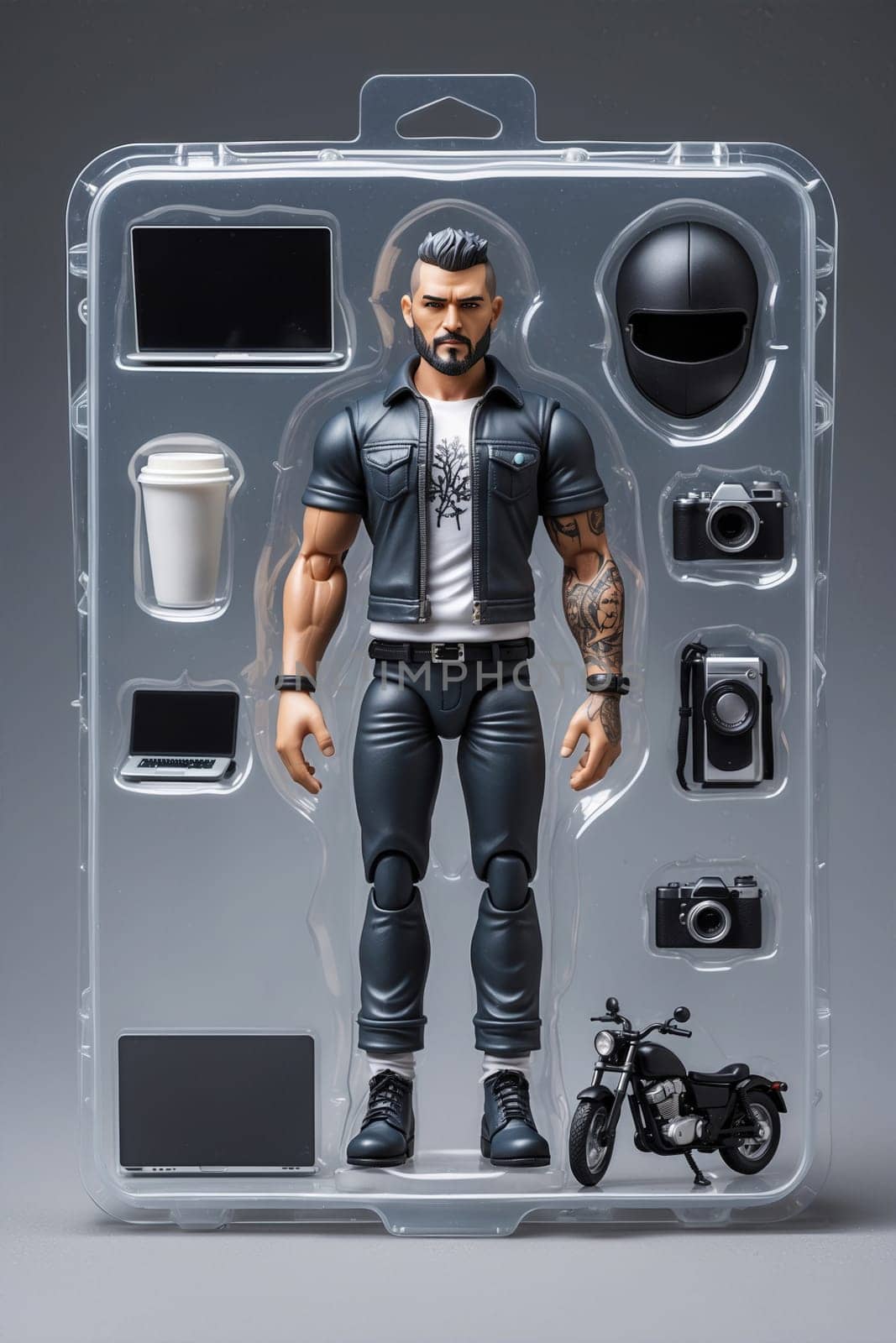 A stylish bearded man in a black leather jacket adorned with tattoos is holding a camera. He is dressed in blue jeans and black boots, standing confidently in front of a solid gray background.