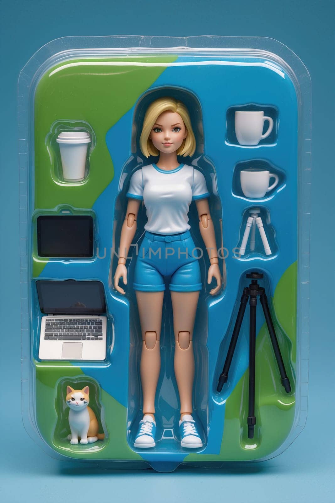 The woman in a white shirt and blue shorts smiles at the camera. Her short blonde hair and brown eyes shine. Next to her are a laptop, camera, tripod, two cups, and a cat.
