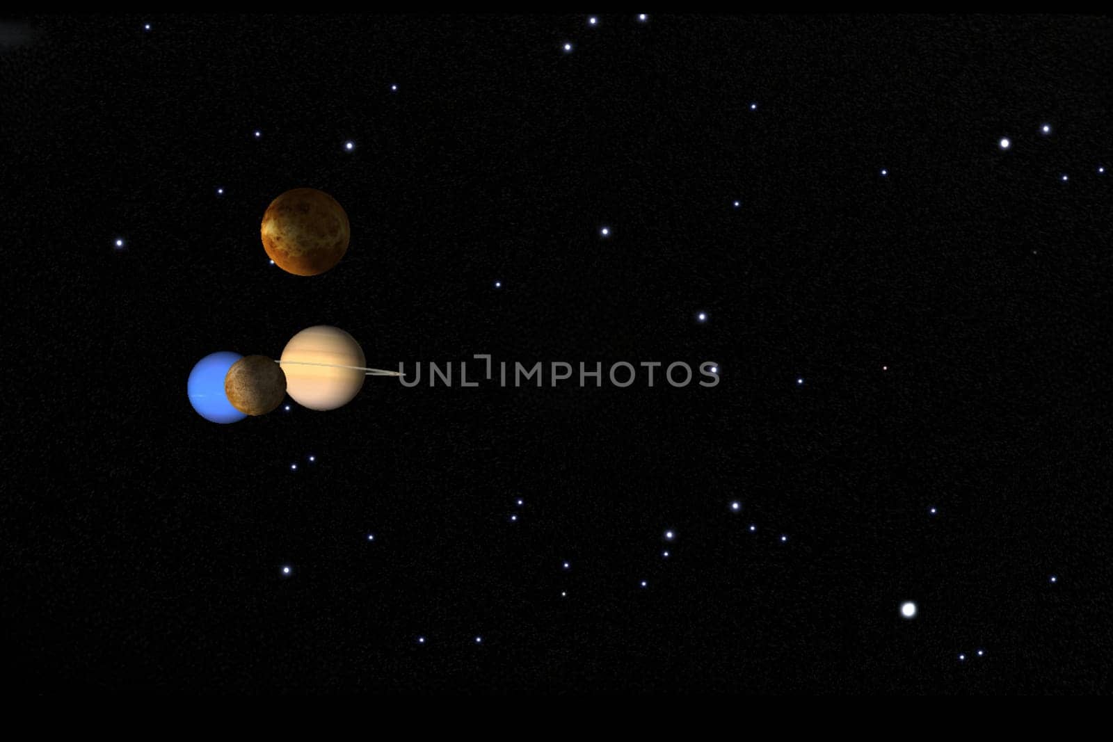 This image depicts a stunning view of outer space, featuring several planets and numerous stars. The planets are shown in close proximity to each other, with distinct colors and textures. The background is filled with a multitude of stars, creating a captivating and serene cosmic scene. Ideal for educational, scientific, and artistic purposes.