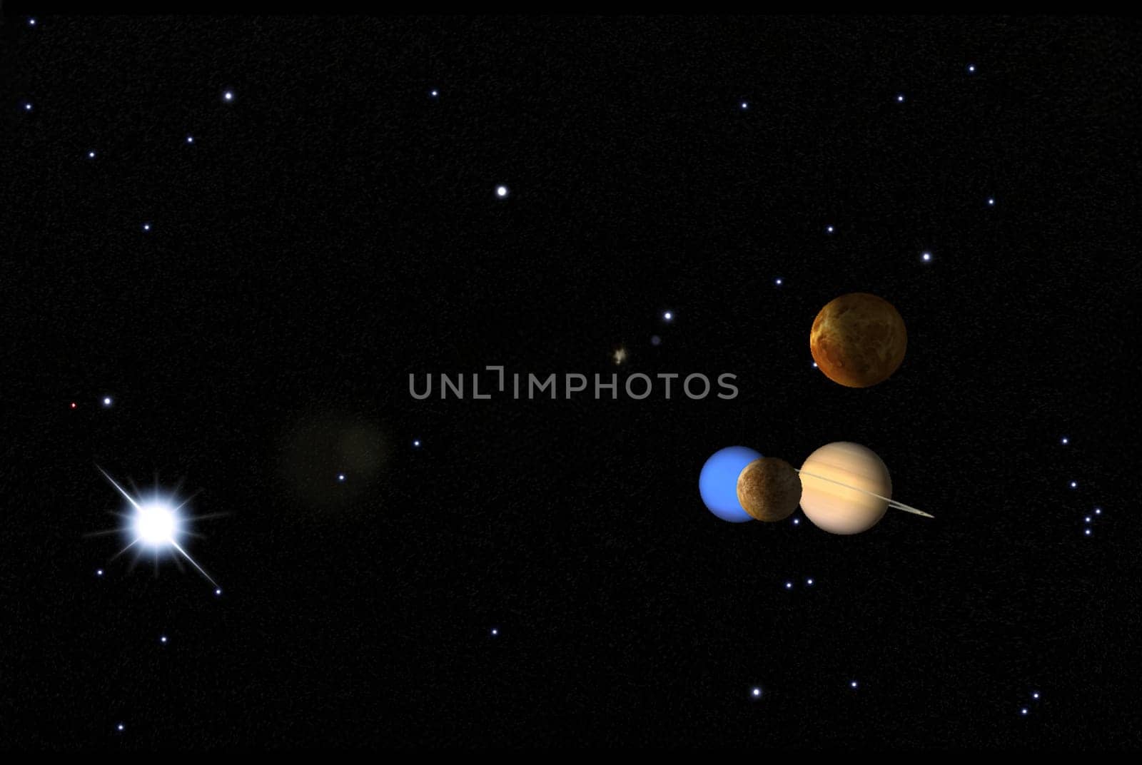 A breathtaking depiction of the universe, featuring a radiant star illuminating the left side and a mesmerizing arrangement of planets on the right, including a blue planet, a brown planet, and a ringed planet. This cosmic composition is set against a serene backdrop of countless stars, capturing the infinite beauty and mystery of outer space. Ideal for astronomy enthusiasts, educational material, or artistic purposes.