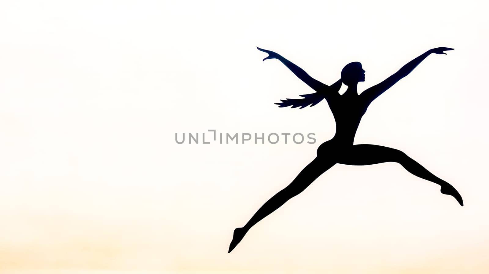 Silhouette of a dancer leaping with grace and extended arms, creating a sense of freedom and artistic expression against a light yellow and white background