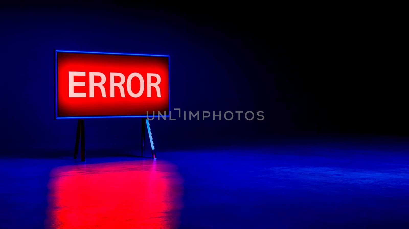 Glowing screen displays a bold, red error message against a dark, empty room with a blue lit floor, creating a stark and ominous atmosphere