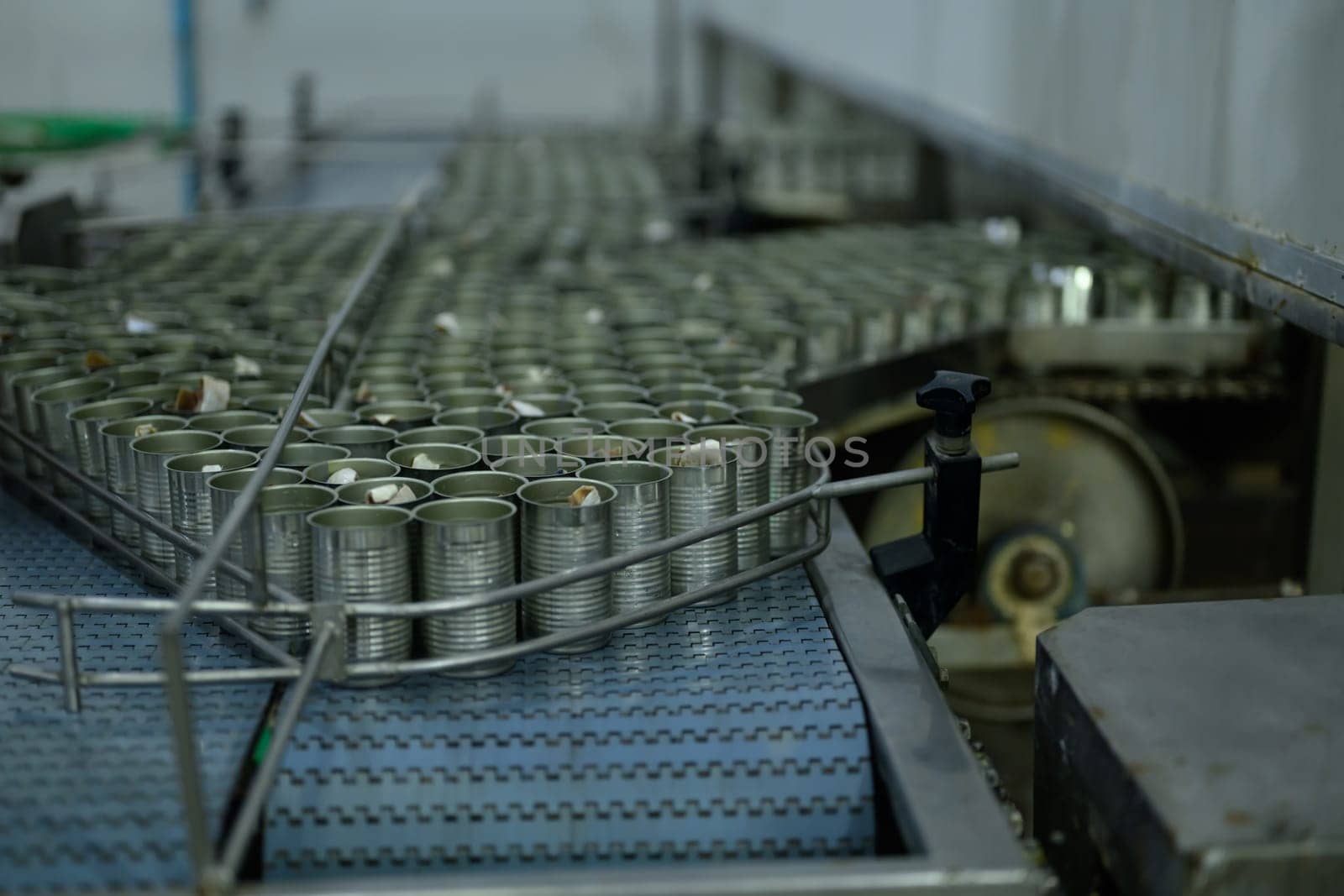 Conveyor belt is filled with cans of food moving along a line.