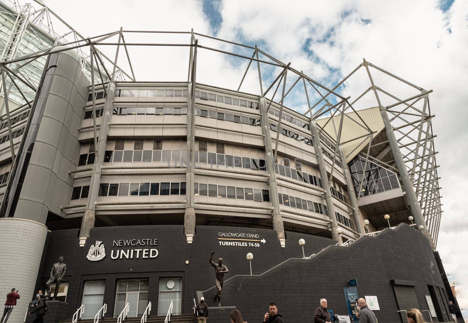 Newcastle, UK - Apr 13, 2025 - Architecture exterior view of St James' Park stadium is home to stadium of Newcastle United soccer club. use it as your Wallpaper, Poster and Space for text, Selective focus.
