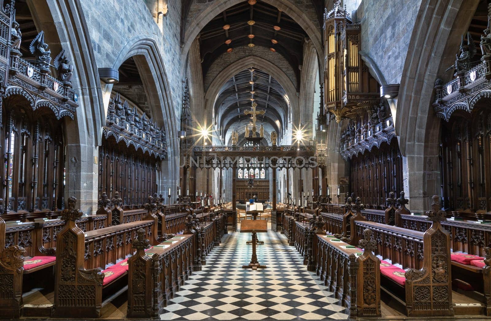 Newcastle, UK - Apr 12, 2025 - Architecture interior view of Newcastle Cathedral (Cathedral Church of St Nicholas). use it as your Wallpaper, Poster and Space for text, Selective focus.