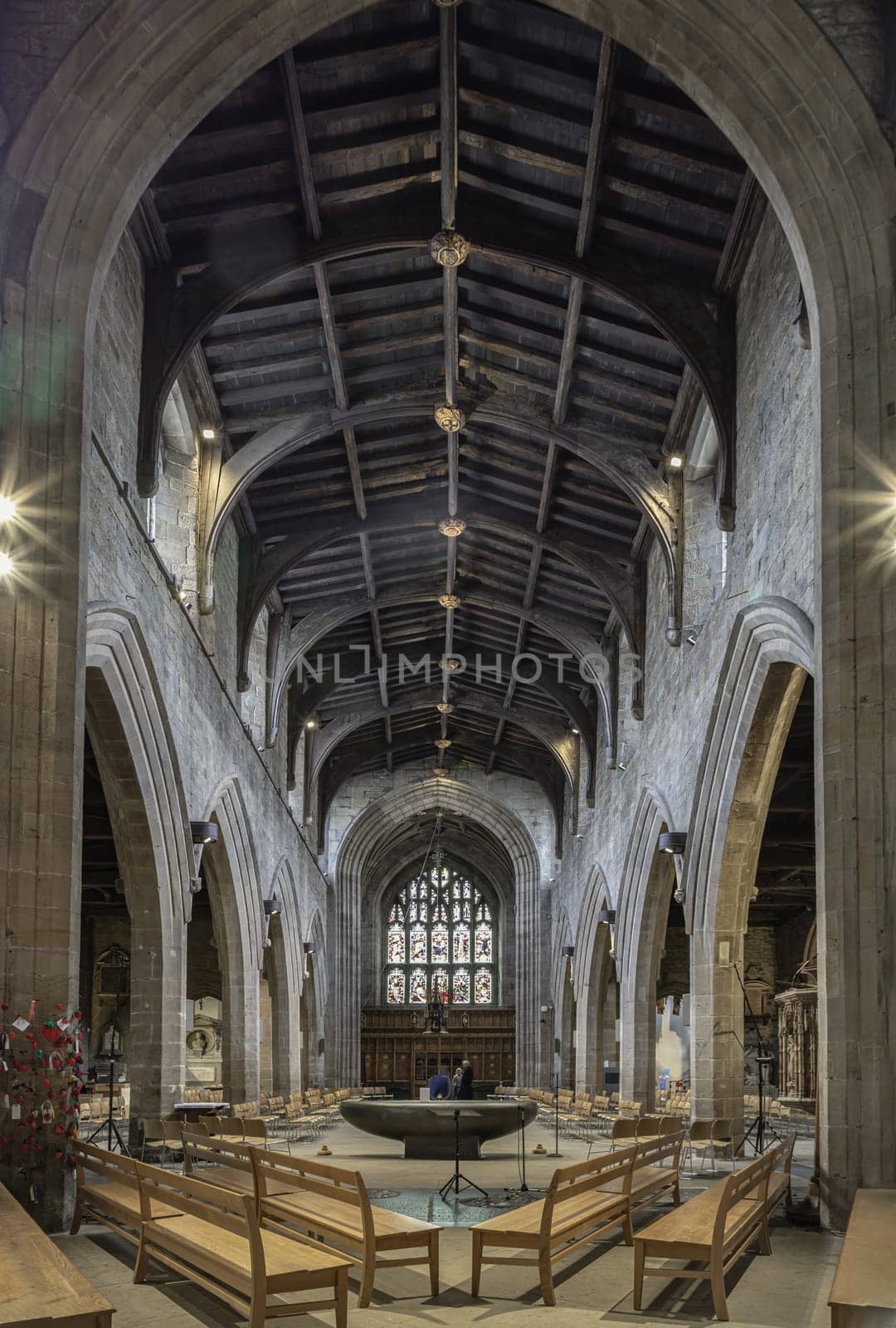 Newcastle, UK - Apr 12, 2025 - Architecture interior view of Newcastle Cathedral (Cathedral Church of St Nicholas). use it as your Wallpaper, Poster and Space for text, Selective focus.