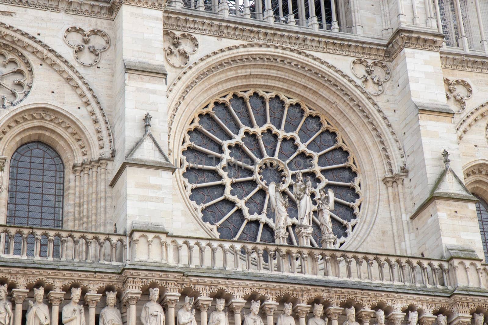 Paris, France - February 22nd 2025 : The Notre-Dame de Paris, newly re-opened cathedral restored after reconstruction, details of exterior