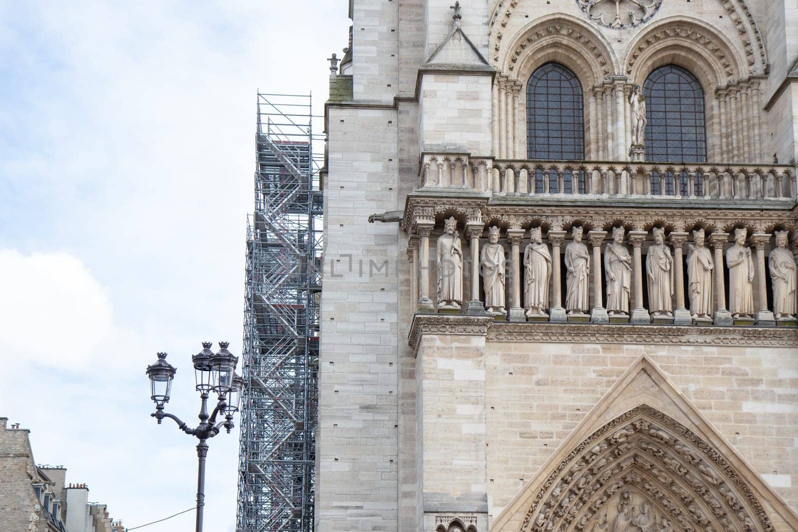 Paris, France - February 22nd 2025 : The Notre-Dame de Paris, newly re-opened cathedral restored after reconstruction, details of exterior