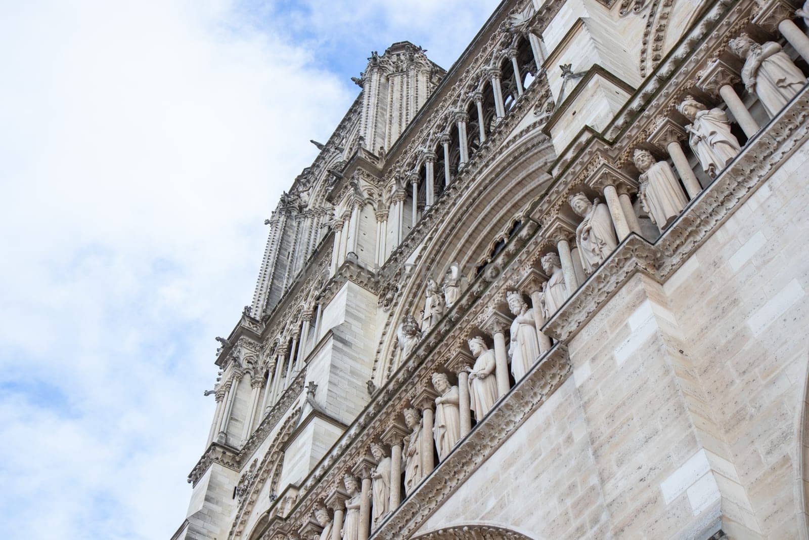 Paris, France - February 22nd 2025 : The Notre-Dame de Paris, newly re-opened cathedral restored after reconstruction, details of exterior