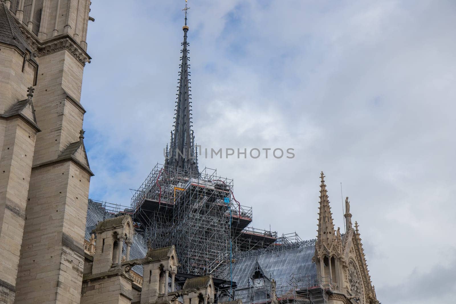 Paris, France - February 22nd 2025 : The Notre-Dame de Paris, newly re-opened cathedral restored after reconstruction, details of exterior