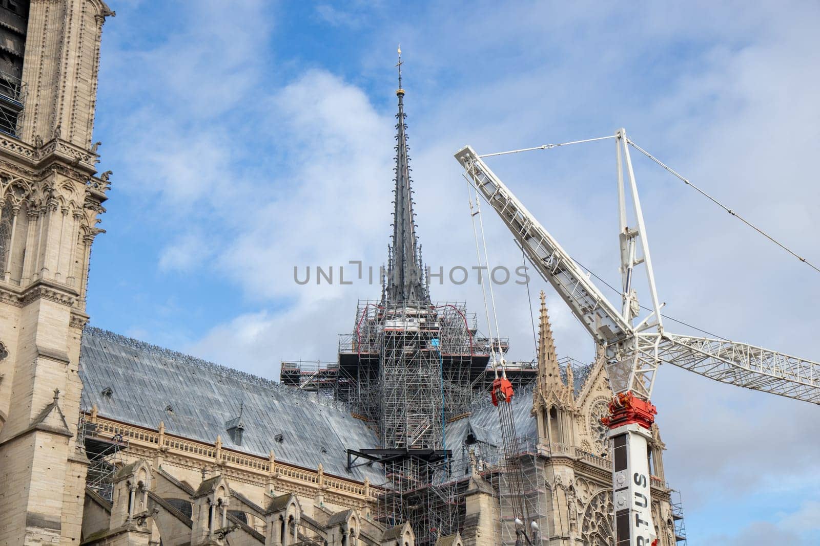Paris, France - February 22nd 2025 : The Notre-Dame de Paris, newly re-opened cathedral restored after reconstruction, details of exterior
