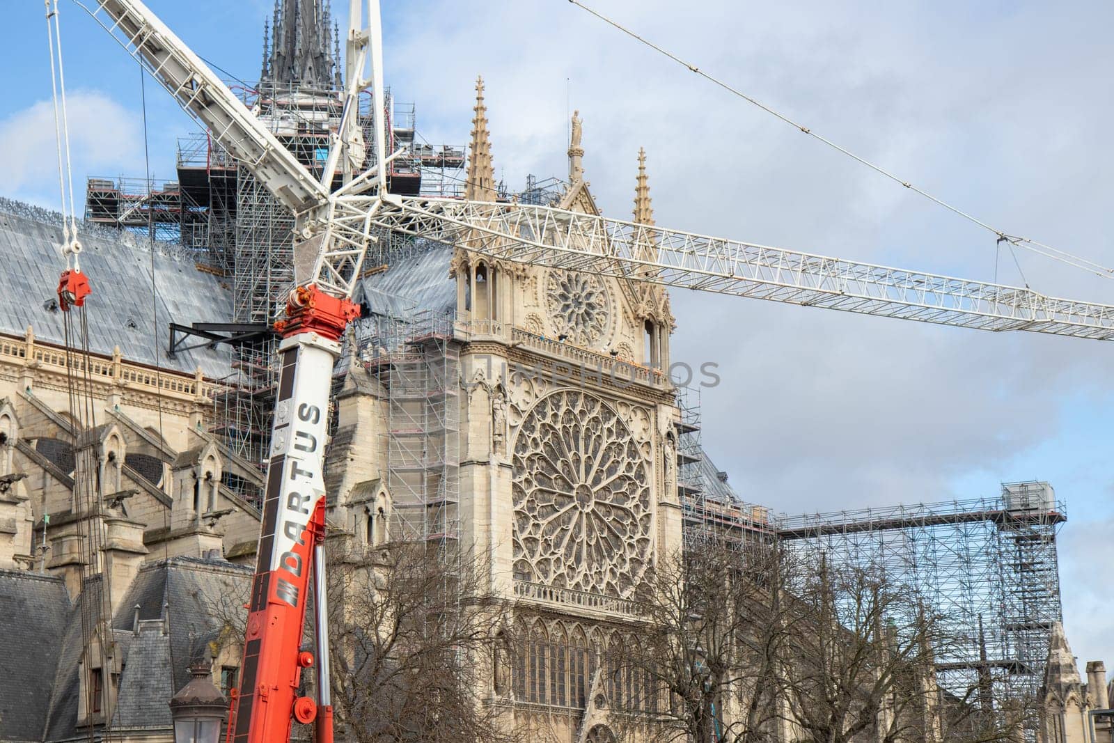Paris, France - February 22nd 2025 : The Notre-Dame de Paris, newly re-opened cathedral restored after reconstruction, details of exterior