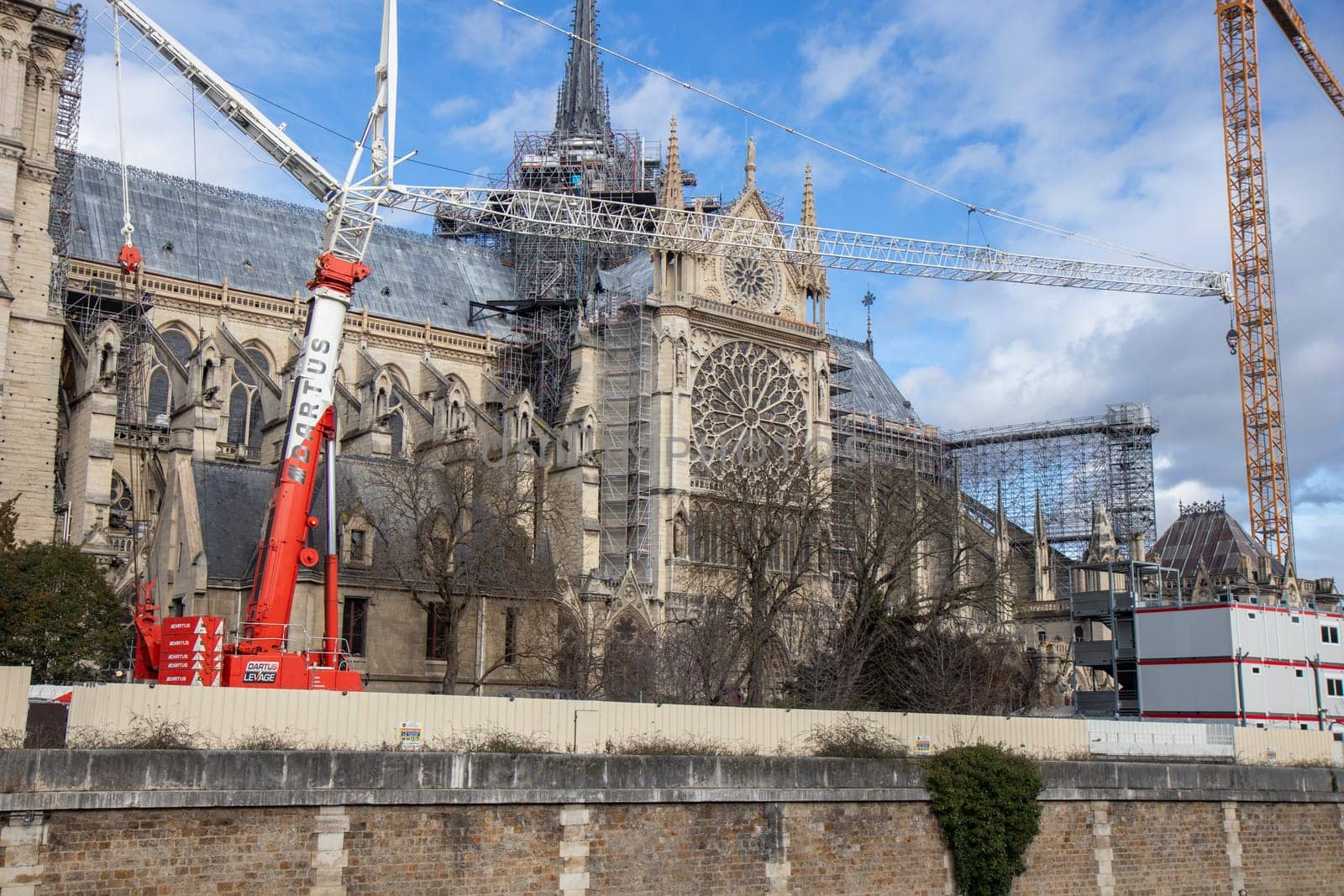 Paris, France - February 22nd 2025 : The Notre-Dame de Paris, newly re-opened cathedral restored after reconstruction, details of exterior