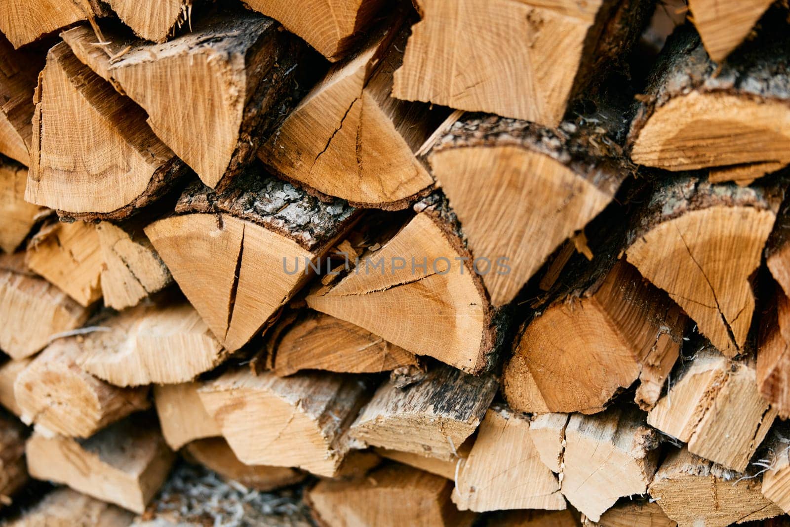 stack of firewood with 'wood' sign in front of wall of firewood, ready for winter
