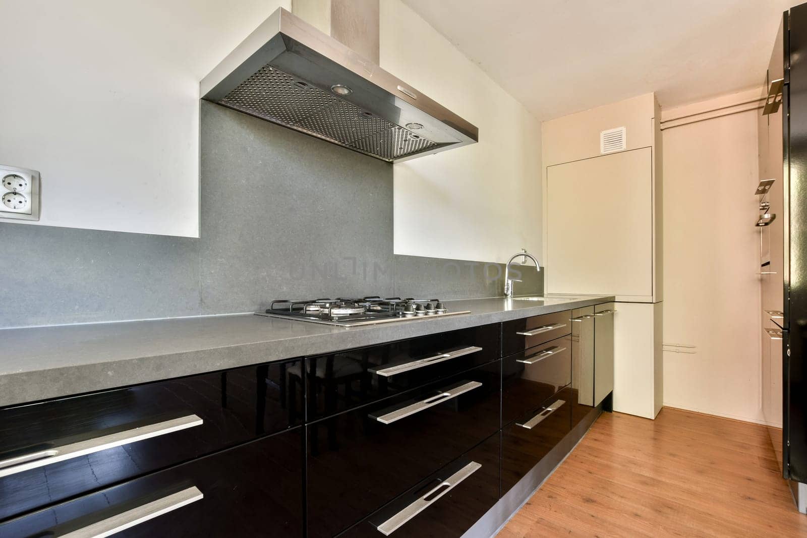 A contemporary kitchen showcasing a minimalist design with dark cabinetry and modern appliances, perfect for culinary enthusiasts.