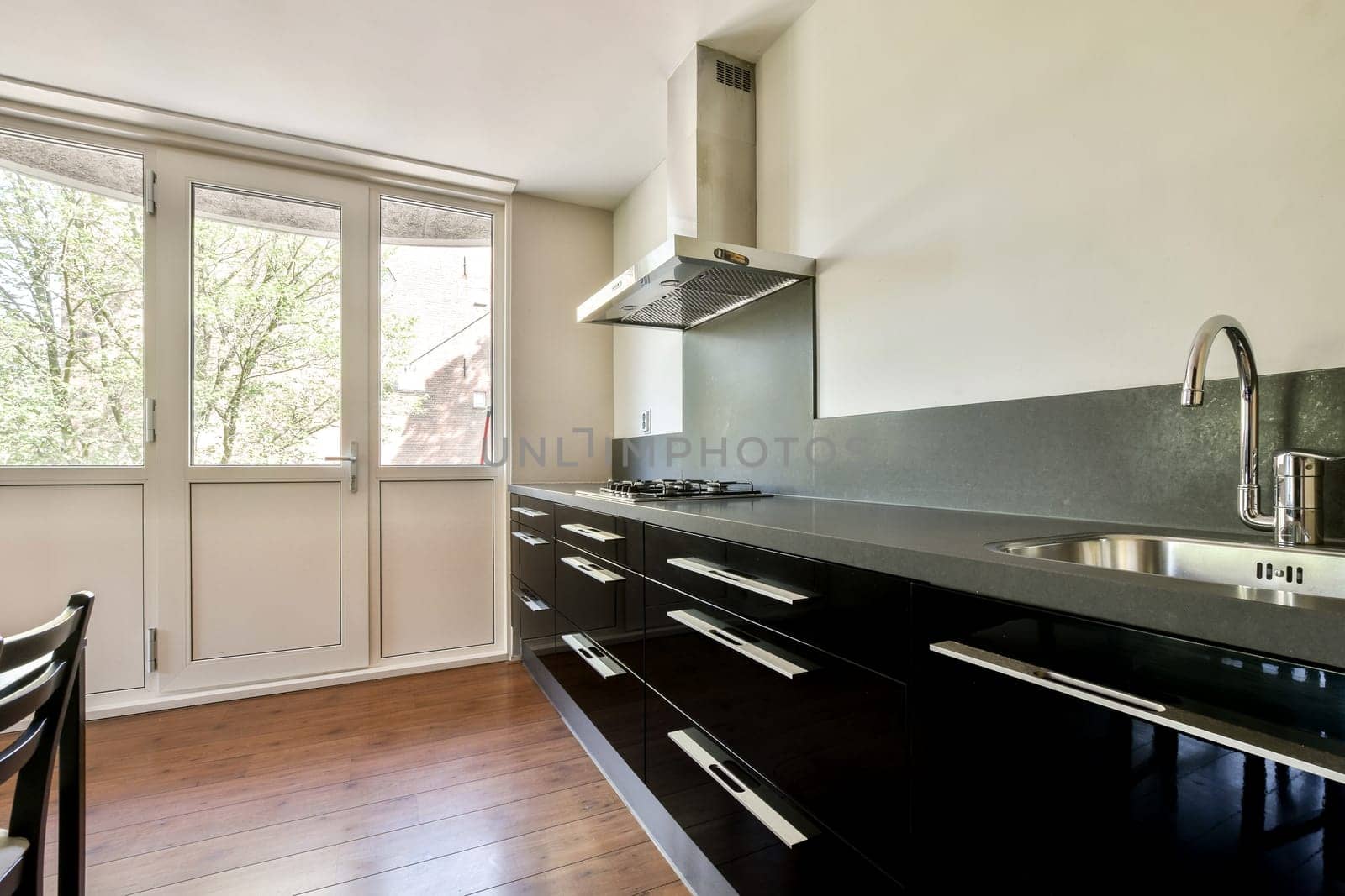 A contemporary kitchen featuring sleek black cabinets, stainless steel appliances, and large windows that allow natural light to illuminate the space.