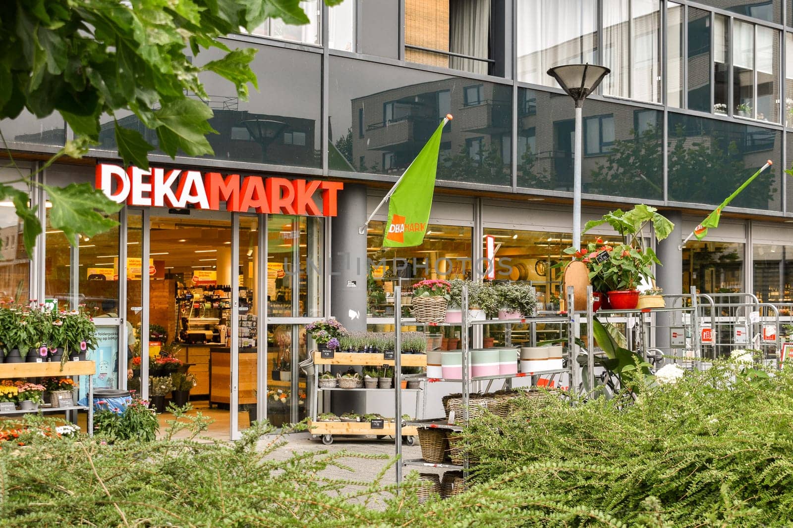 A vibrant grocery store facade featuring plants and flowers outside. Bright signage contrasts with the modern architecture and greenery surrounding the entrance.