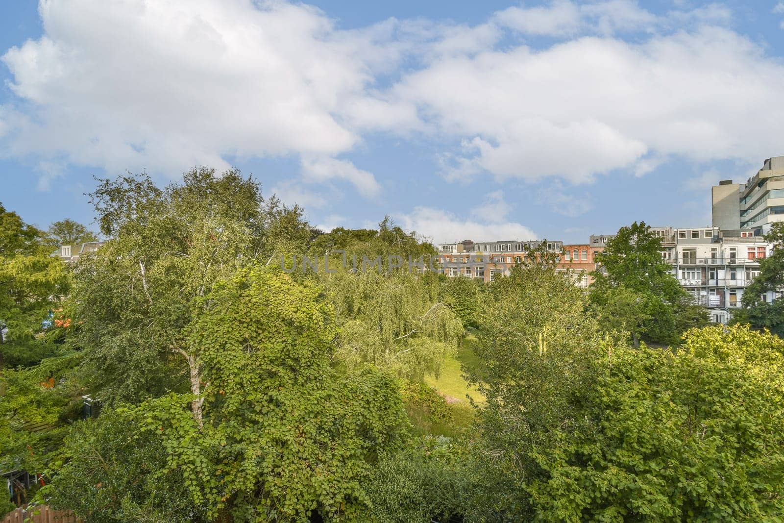 A vibrant urban scene displaying rich green trees alongside contemporary city structures under a blue sky filled with clouds.