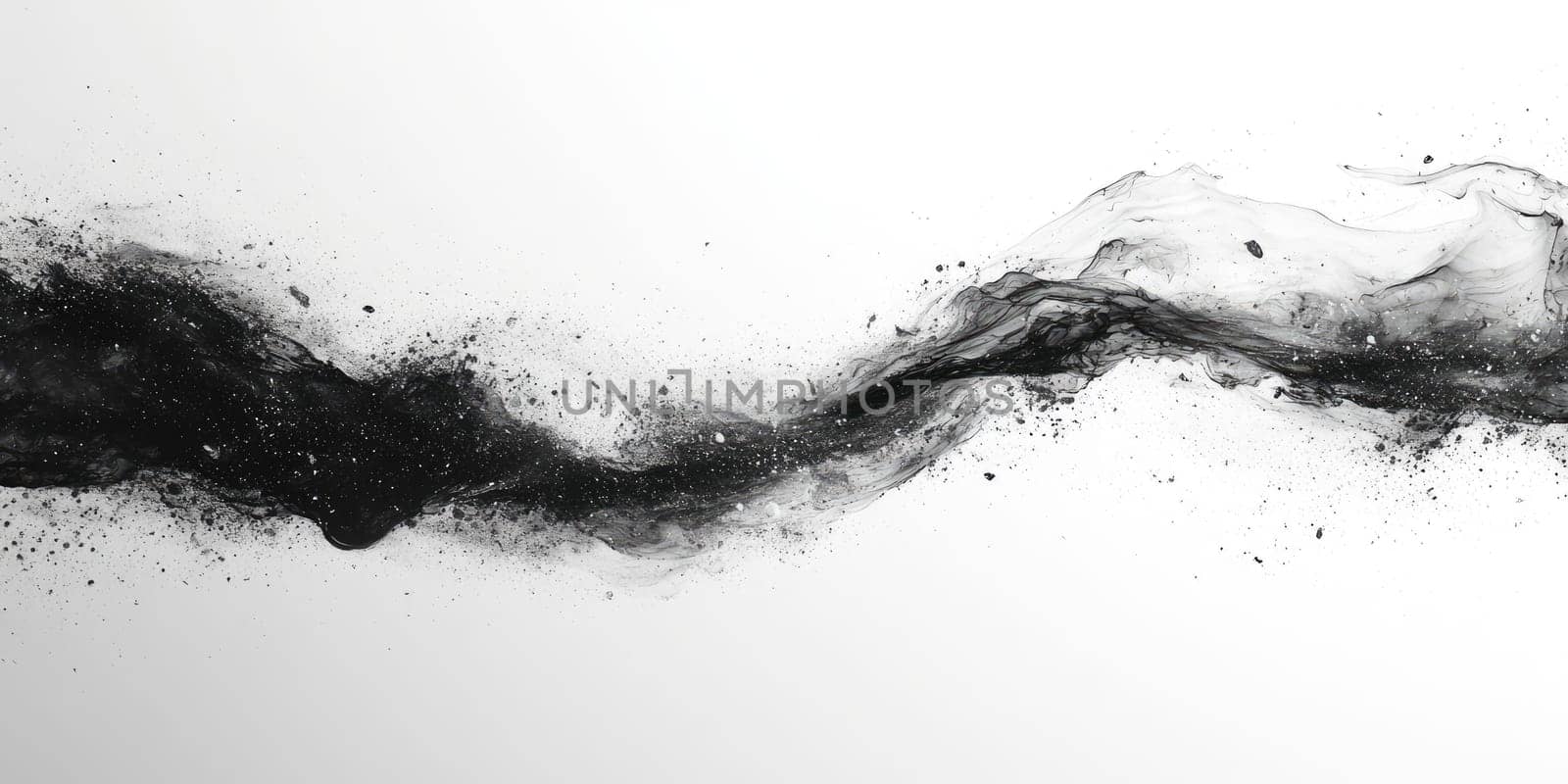 This abstract background features flowing lines and ink splashes in monochrome black and white. The minimalist composition highlights artistic details, creating a modern and elegant aesthetic.