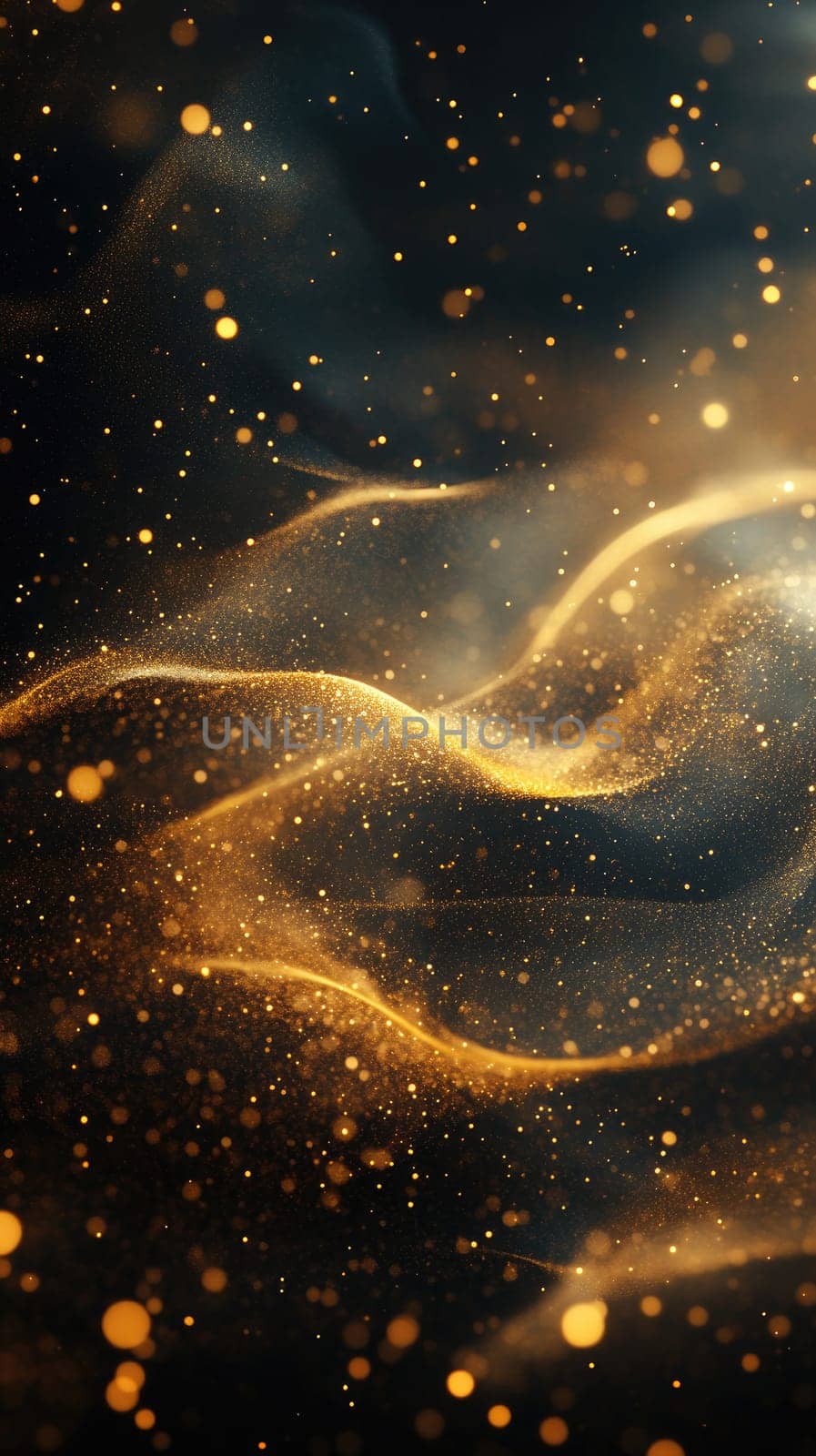 Abstract background showcases flowing lines infused with scattered golden dust particles. The combination creates a sophisticated and luxurious aesthetic ideal for elegant designs.