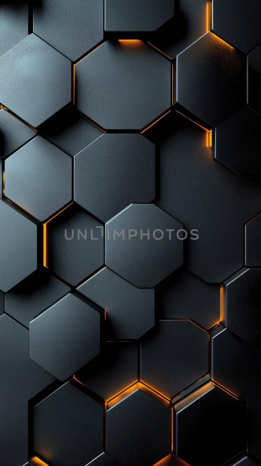 Complex hexagonal shapes create an intricate pattern on a sleek black matte surface. The design features ultra-detailed texture and subtle lighting that enhances its modern, professional appearance.