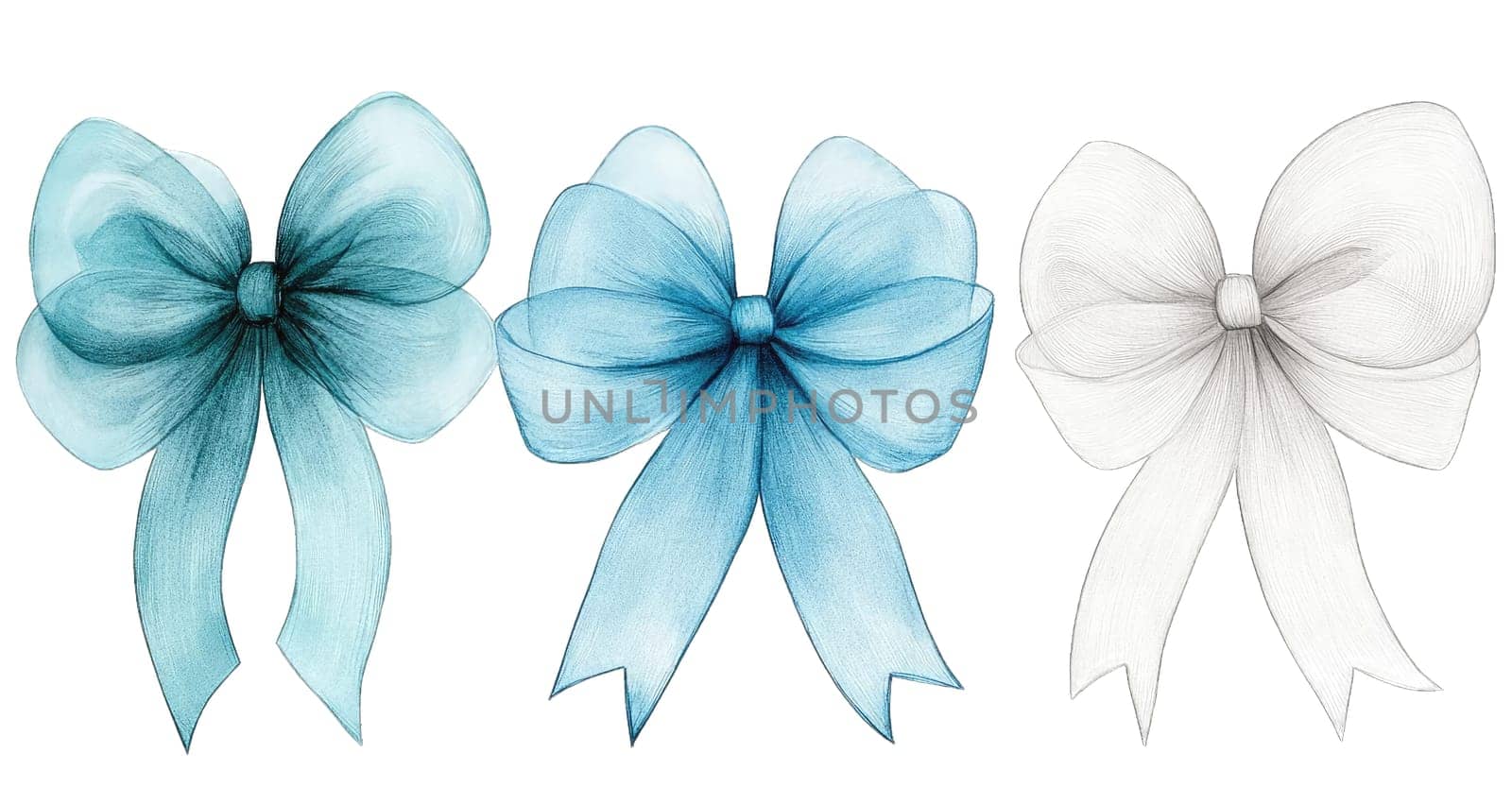 This collection showcases three elegant bows with flowing ribbons in shades of blue and white. Perfect for adding a decorative touch to crafts or design projects.