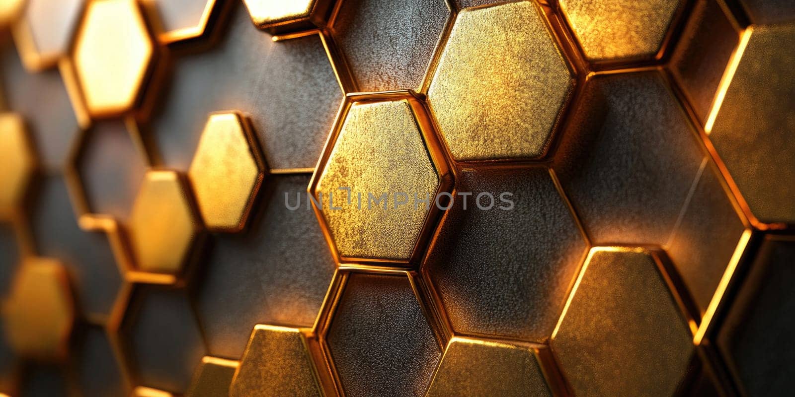 A sophisticated background featuring a hexagonal pattern in golden metallic finish. The design showcases smooth gradients and soft reflections, perfect for upscale projects and presentations.
