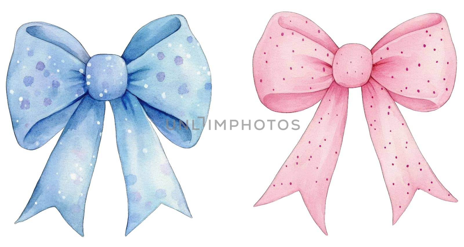 Two elegant bows displayed side by side, one in soft blue with speckles and the other in light pink with polka dots. Perfect for decorating gifts, parties, or crafts, these bows add a charming touch.