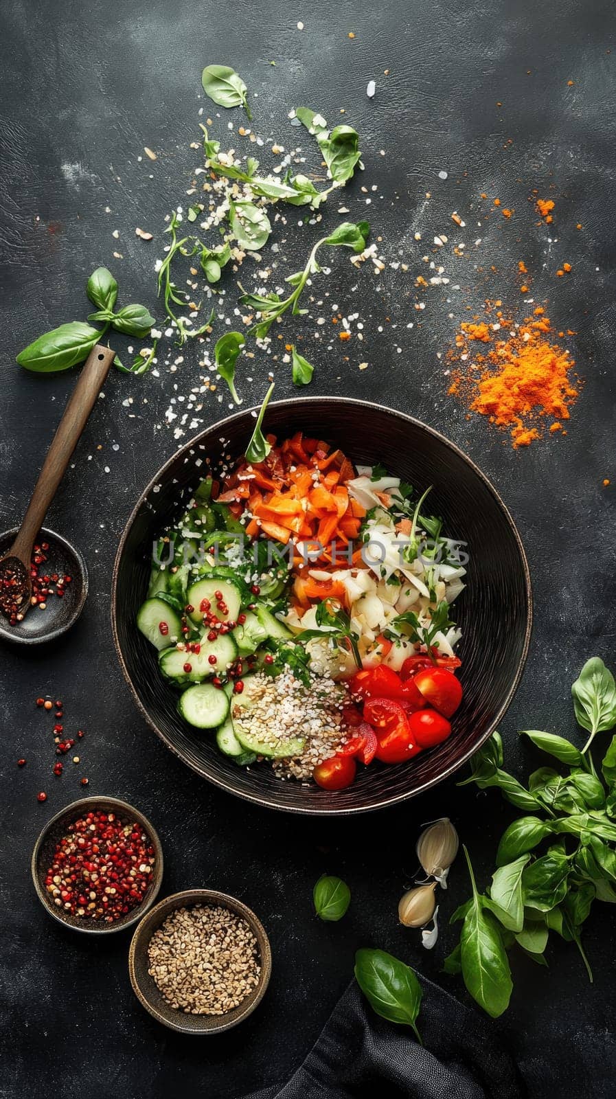 Ingredients actively fly as plant-based bowls are prepared, showcasing a burst of colors and textures.