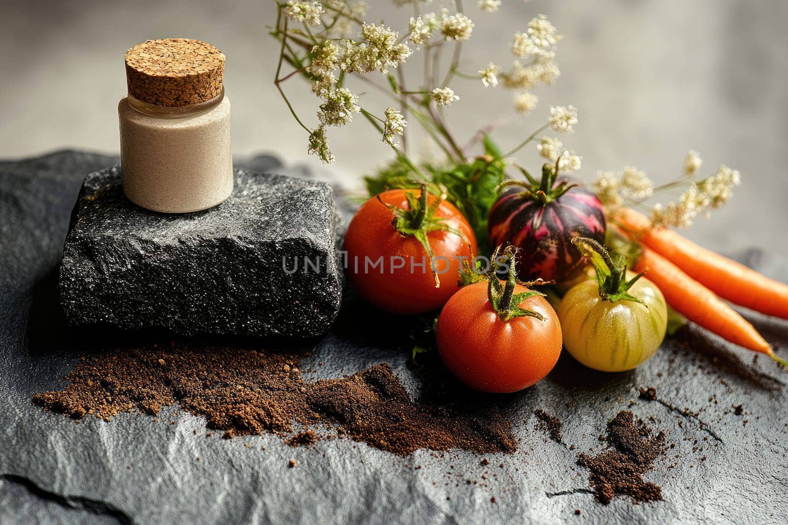 Fresh heirloom tomatoes and rainbow carrots arranged on textured stone showcase the farm-to-table concept. Rustic herbs add earthy tones, creating a serene, minimalist aesthetic.