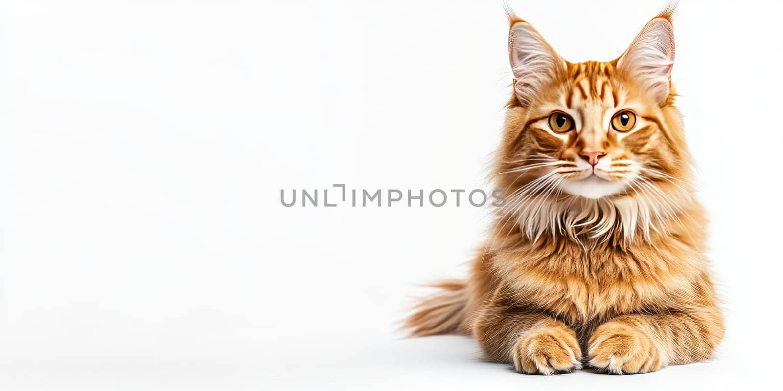 A Maine Coon cat with striking reddish-gold fur sits gracefully, tilting its head slightly while displaying its playful curiosity. The full-length portrait highlights its keen eyes and perky ears.