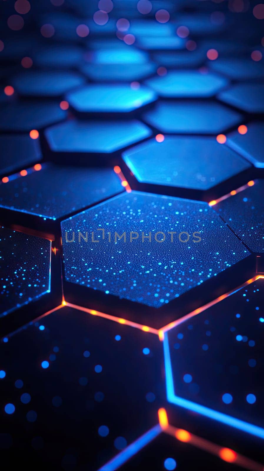 This abstract background features a hexagonal pattern illuminated with glowing blue neon lines.