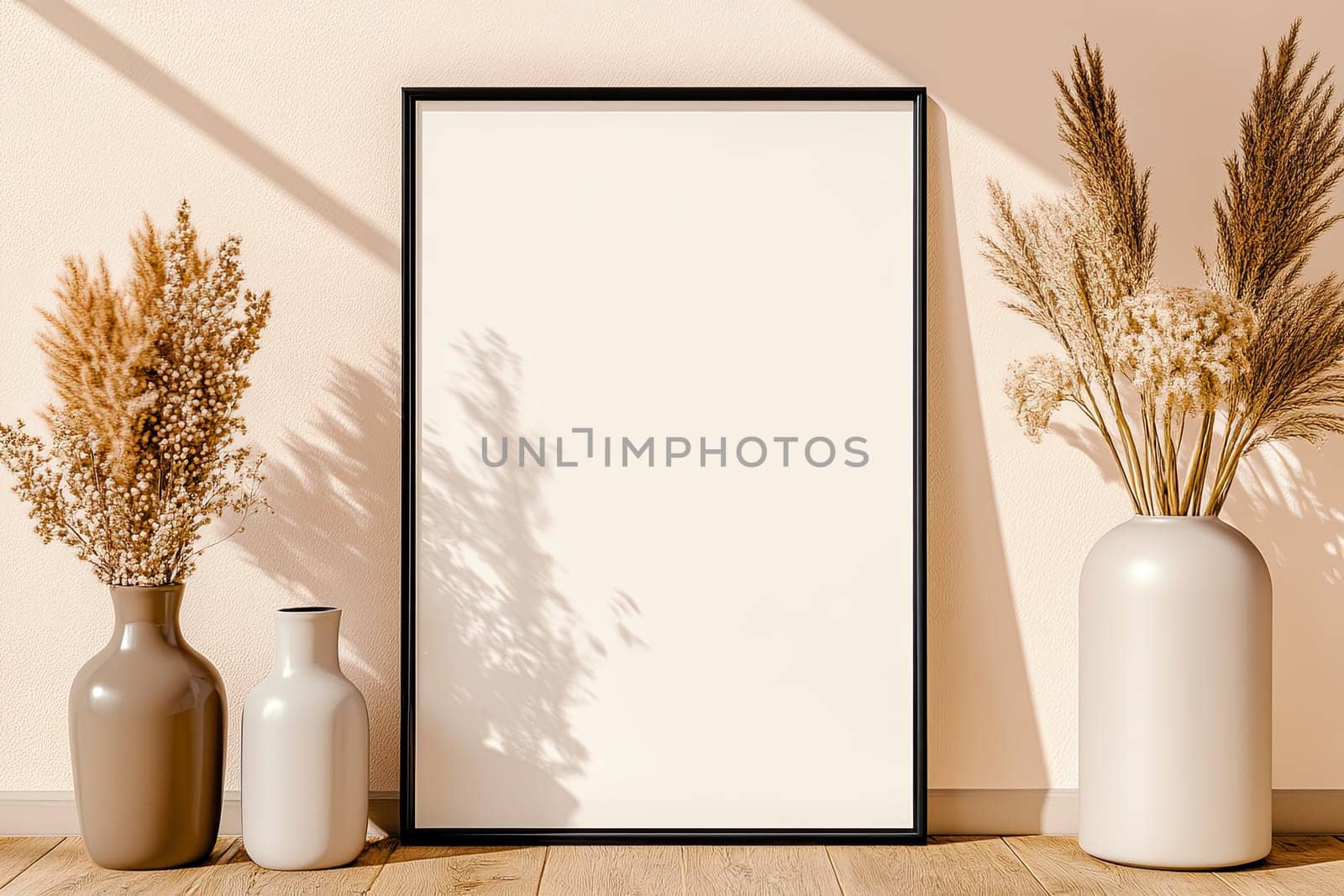 A large blank poster is elegantly leaning against a beige wall on a wooden floor.