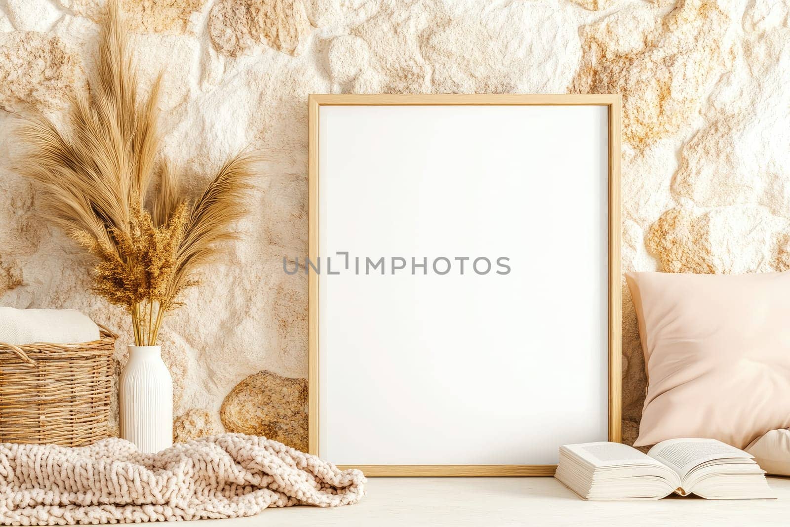 A large white poster in a wooden frame is leaning against a textured stone wall. Nearby, a reading nook features a knitted blanket, soft lighting, and decorative elements for added comfort.