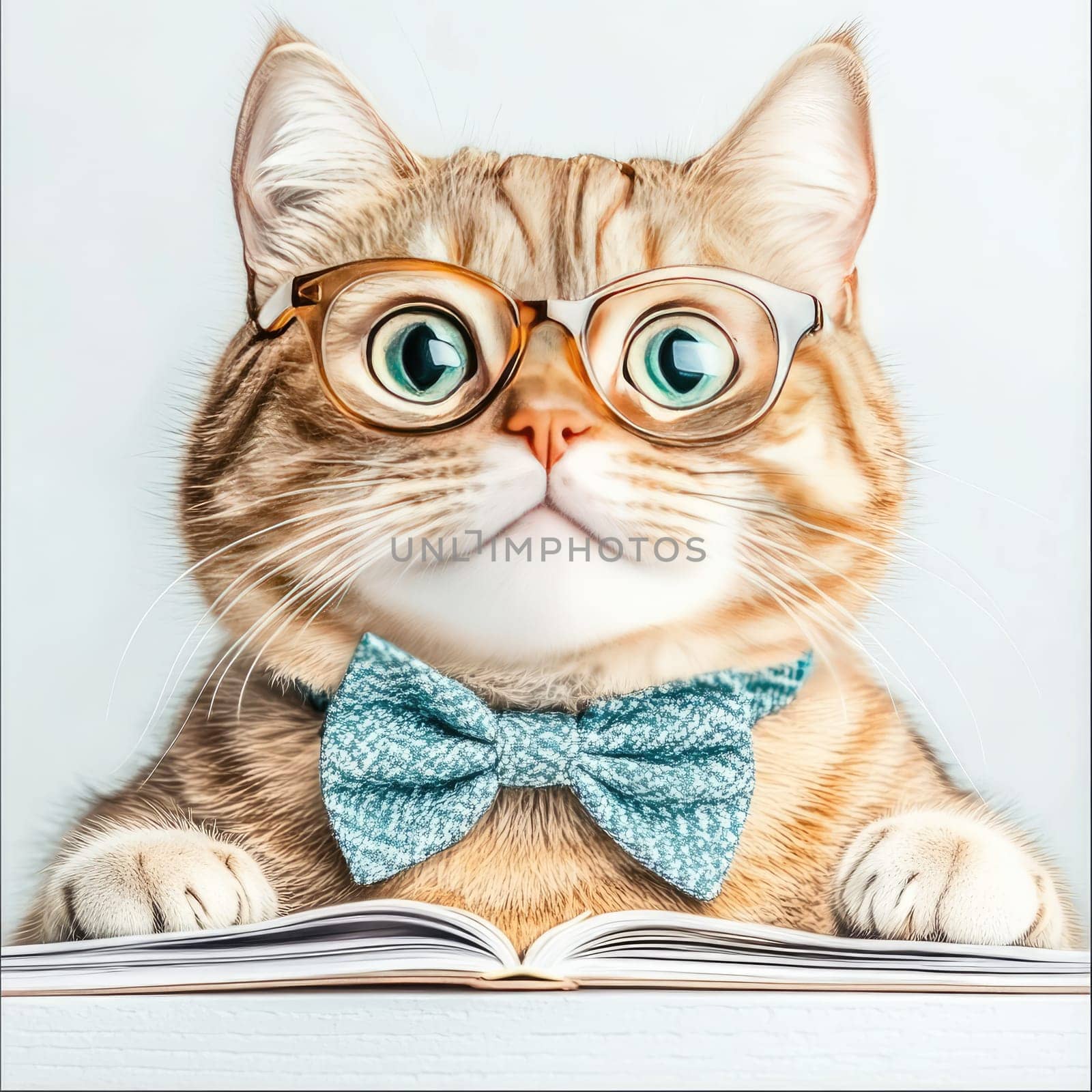A full-length portrait of a stylish cat wearing glasses and a bow tie. The cat sits at a desk with an intelligent look, isolated against a white background in a minimalistic style.