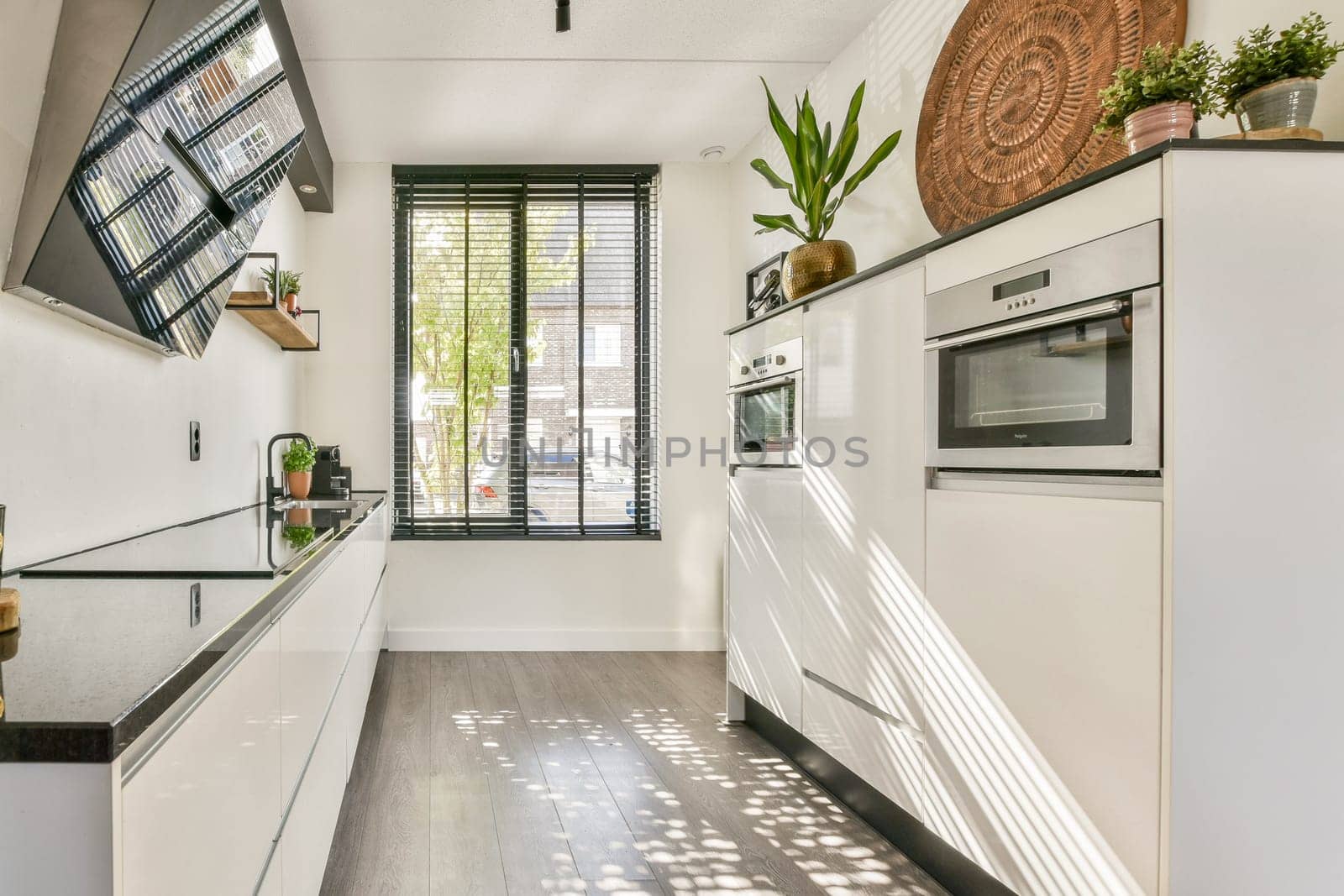 A sleek, modern kitchen featuring minimalistic cabinetry and contemporary appliances, enhanced by natural light filtering through window blinds.