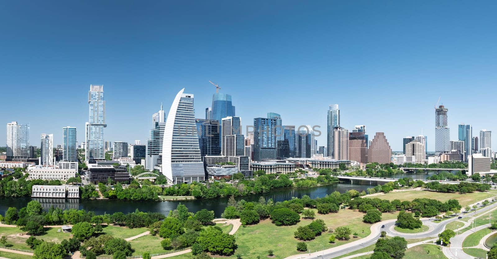 Austin, TX - 10 April 2025: Aerial panoramic skyline of Austin Texas from Butler Metro Park with latest construction