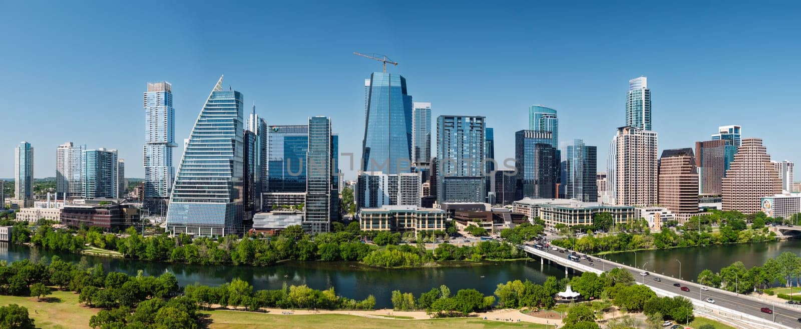 Austin, TX - 10 April 2025: Aerial panoramic skyline of Austin Texas from Butler Metro Park with latest construction