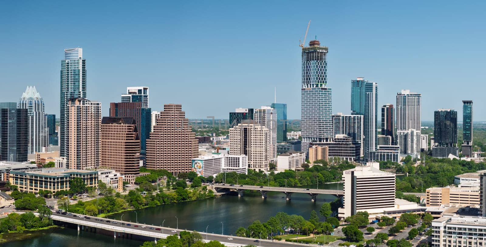 Austin, TX - 10 April 2025: Aerial panoramic skyline of Austin Texas from Butler Metro Park with latest construction