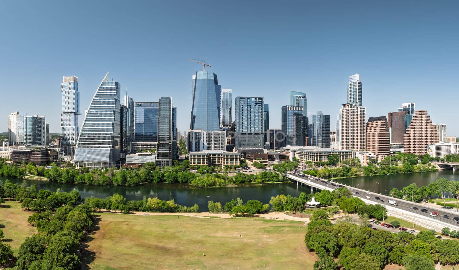 Austin, TX - 10 April 2025: Aerial panoramic skyline of Austin Texas from Butler Metro Park with latest construction
