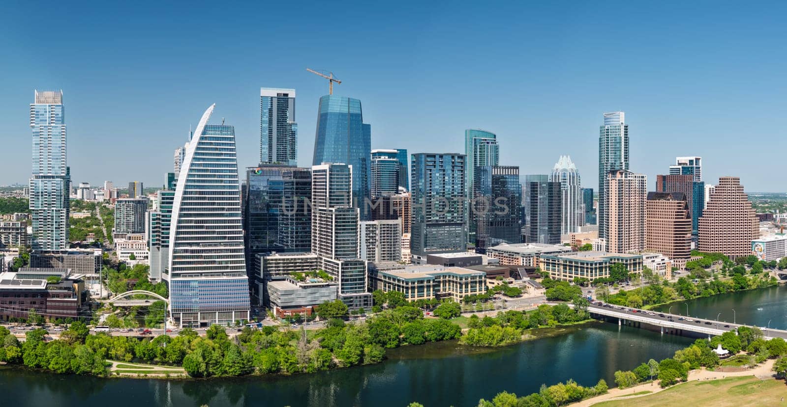 Austin, TX - 10 April 2025: Aerial panoramic skyline of Austin Texas from Butler Metro Park with latest construction