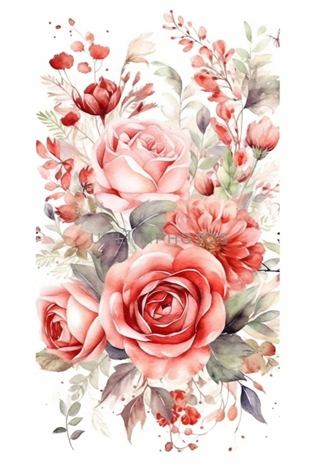 Red rose pastel watercolor painting on the white background, created with generative AI
